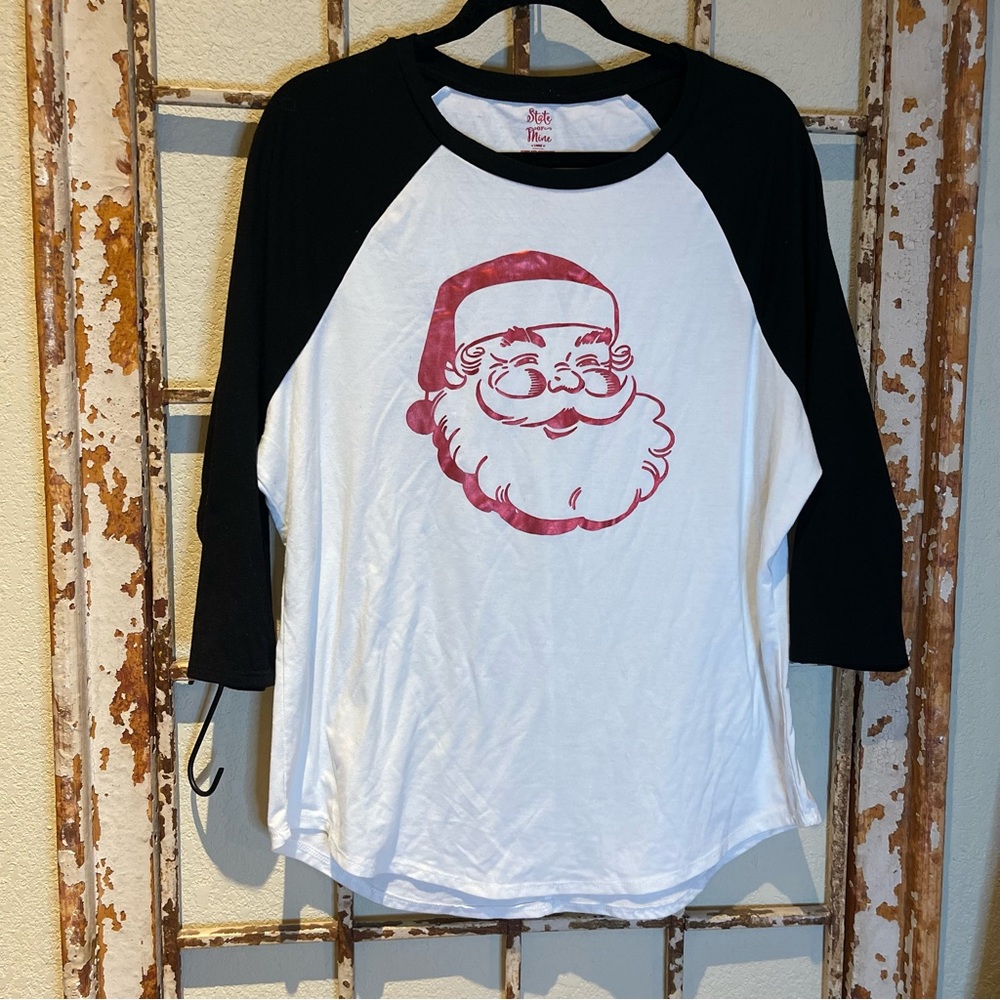 State of Mine Womens Long Sleeve Old School Santa Christmas Holiday Shirt L